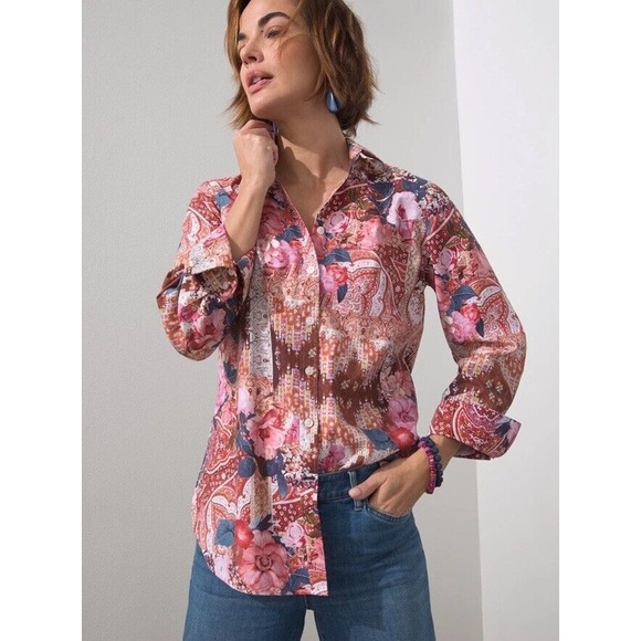 Chico's No-Iron Stretch Tapestry Print Shirt Women's Button Front Floral Size 2 - Picture 1 of 4